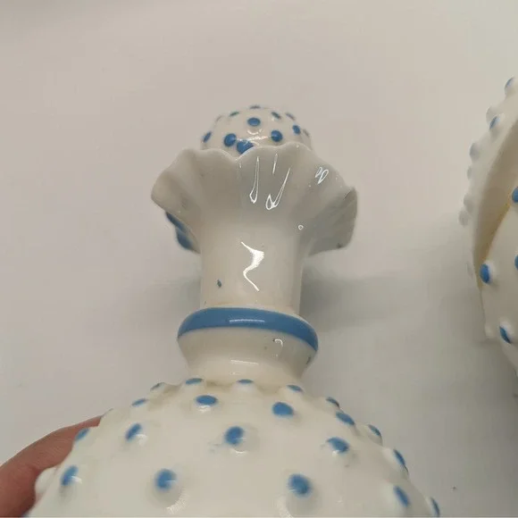 Vintage Blue & White Milk Glass Hobnail (2) Perfume + Trinket Box - Picture 8 of 12